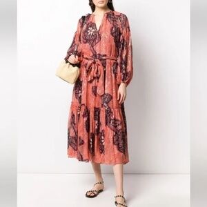 ULLA JOHNSON long sleeve coral silk metallic  dress
